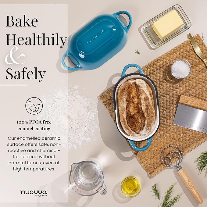 Dutch Oven For Sourdough Bread Baking – Enamelled Cast Iron Bread Loaf Pot – Oven Safe Non Stick Bread Pot – Rectangular,Light Blue, 24cm x 16cm – by Nuovva