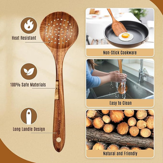 Wooden Spoons for Cooking, Wooden Utensils for Cooking Natural Teak Wooden Kitchen Utensils Set Comfort Grip (10 PCS SET)