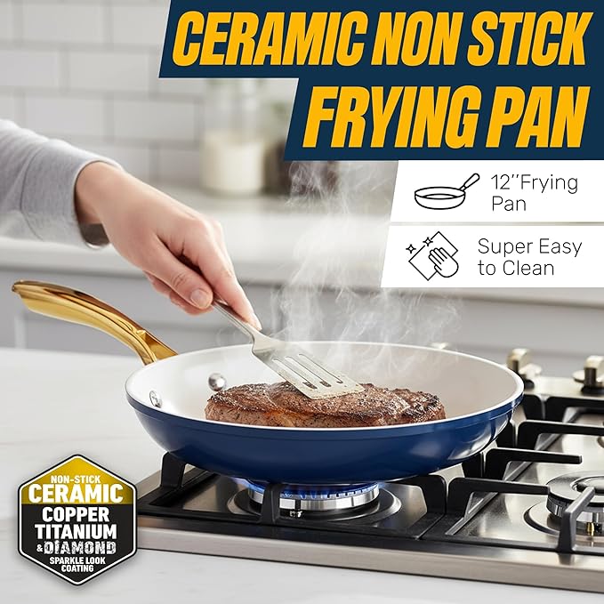 Gotham Steel 12 Pc Ceramic Cookware Set Nonstick, Ceramic Pots and Pans Set Non Stick with Steamer for Cooking, Non Toxic PFOA PFOS Free, Premium Stay Cool Handles, Oven & Dishwasher Safe