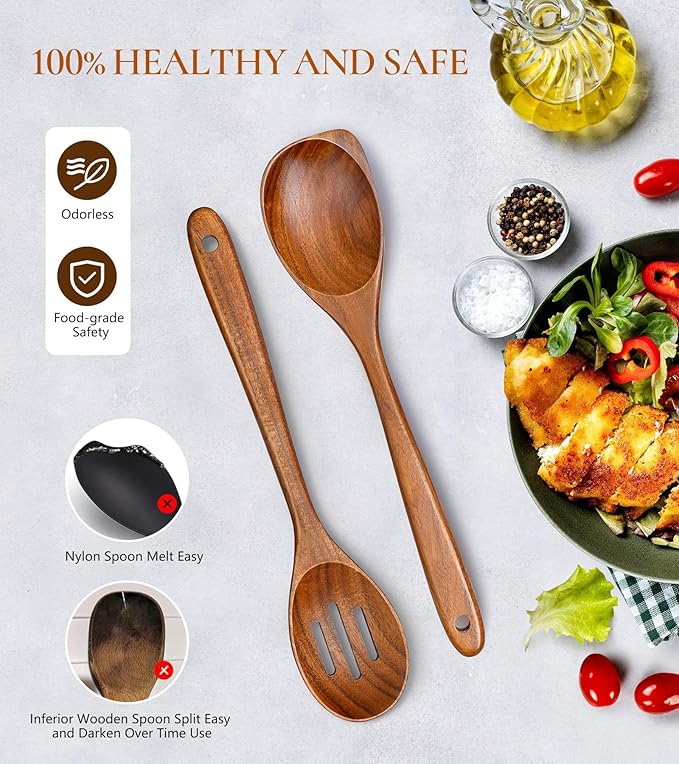 2Pcs Wooden Spoons for Cooking, Natural Premium Teak Wood Corner Spoon & Slotted Spoon, Good Grip Large Cooking Spoons Spatula, Heat Resistant Wooden Kitchen Cooking Utensils Set for Nonstick Cookware