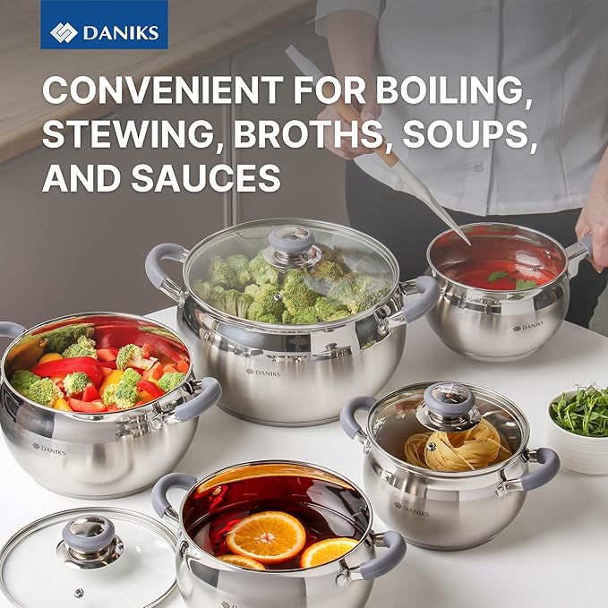 Daniks Modern 10-Piece Stainless Steel Induction Cookware Set – Dishwasher Safe Saucepan, Pots with Heatproof Handles, Glass Lids, Silver
