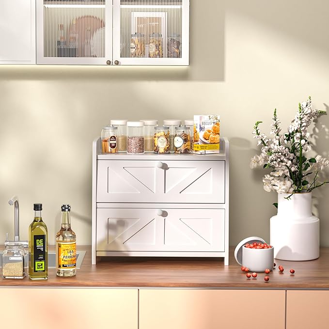 Bread Box for Kitchen Countertop, Double Layer Wooden Breadbox, Large Capacity Bread Storage Bin, Homemade Bread Storage Container, Farmhouse Breadbox Organizer, White