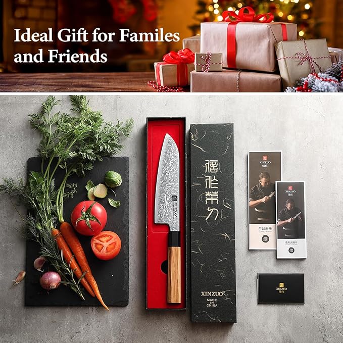 XINZUO 7.3 Inch Santoku Knife, Hand Forged 67 Layers Damascus Super Steel Chef Knife, Japanese Chopping Knife Ultra Sharp, Professional Kitchen Knife with Olive Wood Octagonal Handle