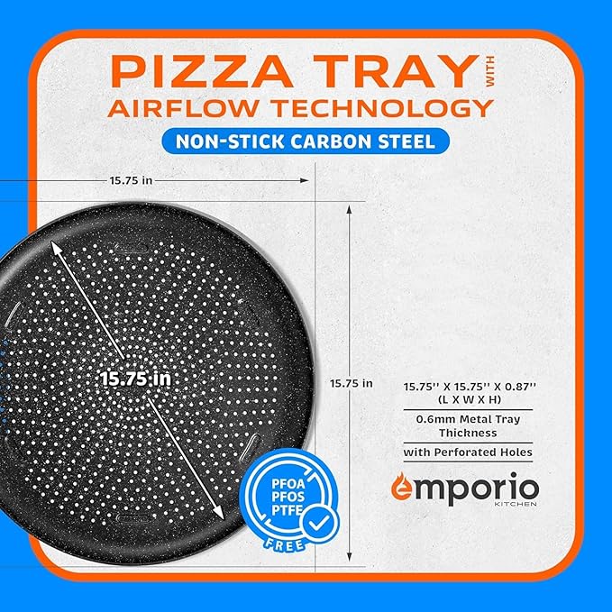 Non-Stick Pizza Pan 2 Pack – 16 Inch Round Carbon Steel Pizza Tray with Perforated Holes, PFOAPFOSPTFE-Free, Dishwasher & Oven Safe Up To 450°F, Durable Nonstick Gray Marble Coating