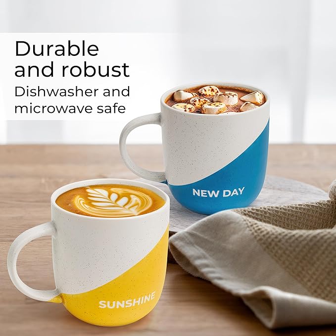 MIAMIO - Coffee Mug Set of 4 x 10 oz/Inspirational Coffee Cups with Sayings/Gifts for Wife, Husband, Women, Men, Family, Friends/Microwave and Dishwasher Safe (Happy Life)