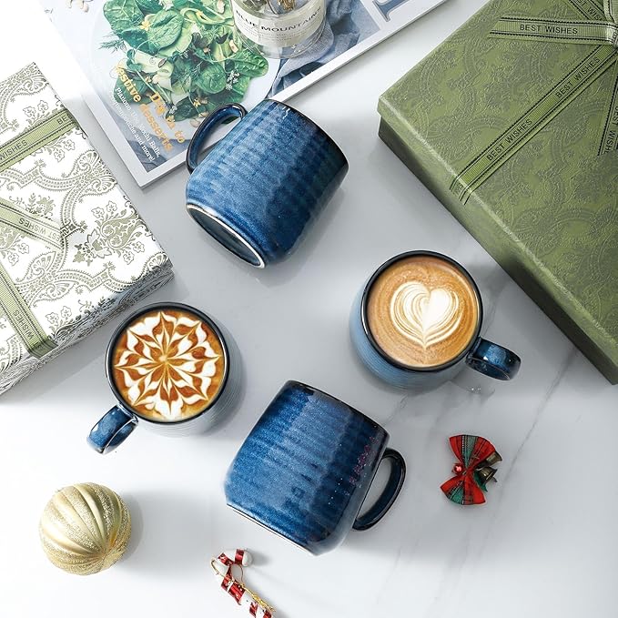 Hasense Small Coffee Mugs 8 oz, Ceramic Cappuccino Cups Set of 4, Espresso Mug with Handle for Latte, Tea, Milk and Mocha, Mini Cups for Gift, Dishwasher & Microwave Safe, Blue