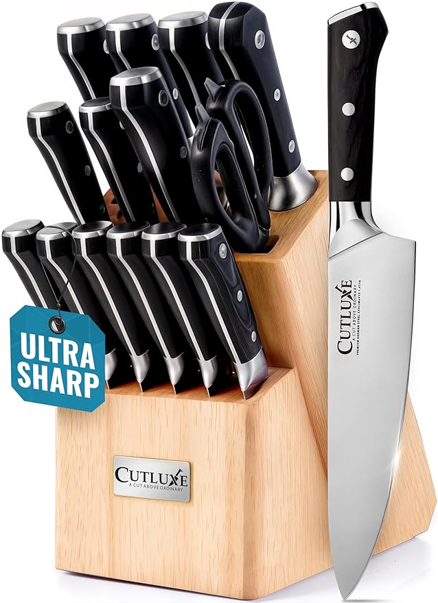 Cutluxe 15-Piece Knife Set – Premium Rubberwood Wood Block – Knife Set for Kitchen, Ultra Sharp High Carbon German Stainless Steel, Full Tang – Artisan Series