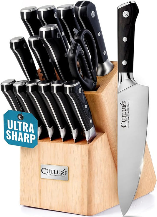 Cutluxe 15-Piece Knife Set – Premium Rubberwood Wood Block – Knife Set for Kitchen, Ultra Sharp High Carbon German Stainless Steel, Full Tang – Artisan Series