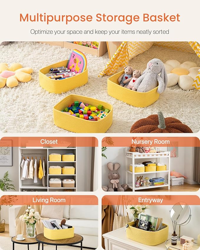 Small Woven Basket, 13.5 x 9.5 x 5 Inches, Storage Basket for Organizing, Cute Small Rope Shelf Closet Cube Storage Bins Baskets for Shelves, Dog Toy Gift Baskets Empty, 3 Pack Yellow