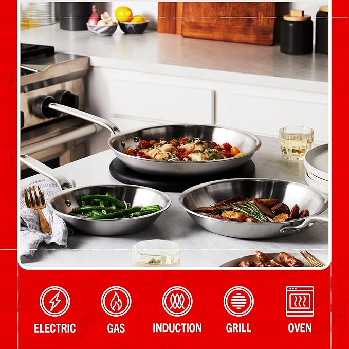 Heritage Steel Eater Series 3 Piece Fry Pan Set | Made in USA | 5-Ply Fully Clad Stainless Steel Pan | Stay Cool Handle Design | Induction Ready & Non-Toxic Pan