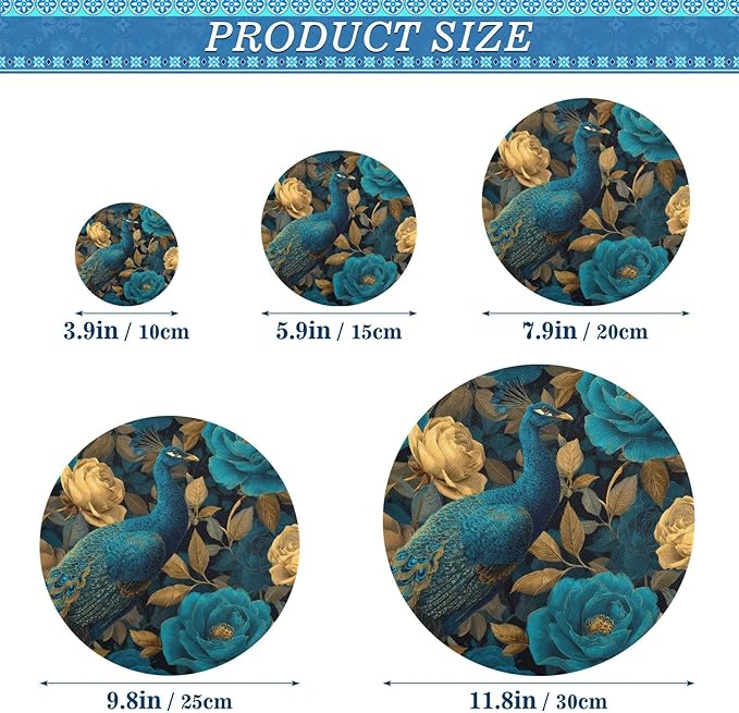 5 Pcs Bowl Covers Reusable in 5 Size Elastic Food Cover Cloth Lids Fresh Keeping Dish Cookware Bakeware Fabric Covers Lids for Food Leftovers Fruits Storage Peacock and Teal Gold Roses