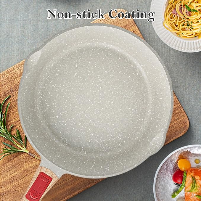 11 Inch Nonstick Deep Frying Pan with Lid, 4-Pc Set - (4.5 Qt Saute Pan with Lid, Steamer/Strainer Basket, Silicone Spatula), Skillet with Detachable Handle, Oven Safe, Non-Toxic