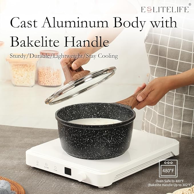 ESLITE LIFE 1.5 QT & 2.5 QT Sauce Pan Set with Lids, Nonstick Small Soup Pot Compatible with All Stovetops (Gas, Electric & Induction), PFOA Free, Black