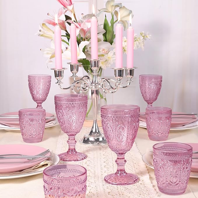 Pink Wine Glasses set of 4, Pink Goblets, Vintage Drinking Glassware, Colored Glassware Set for Party Home Wedding Baby Shower