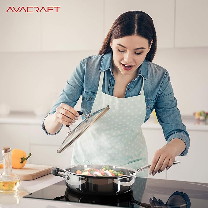 AVACRAFT 18/10 Tri-Ply Stainless Steel Saute Pan with Lid, Helper Handle, Induction & Stovetop, Versatile Stainless Steel Skillet, Cookware (3.5 Quarts)