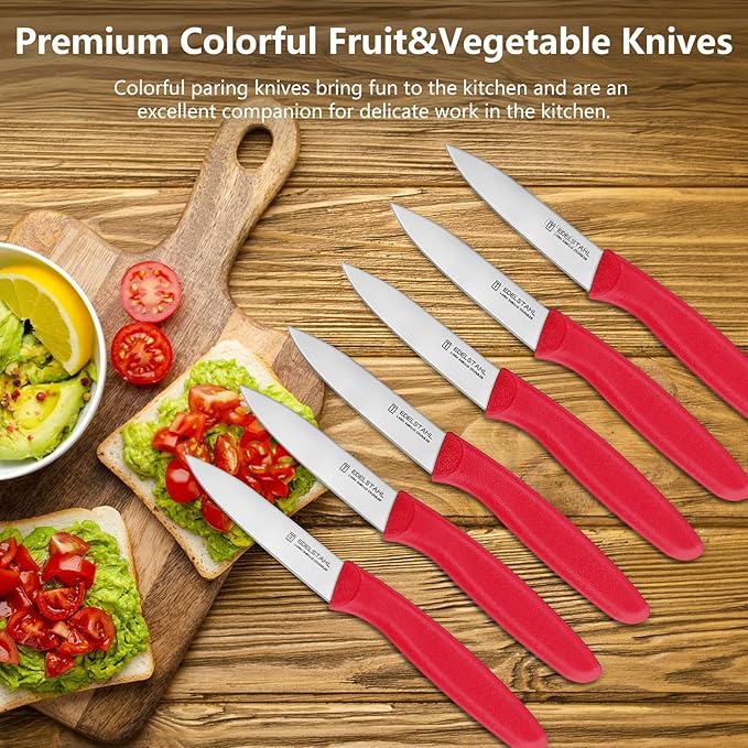 Paring Knives with Straight Edge,Spear Point,Stainless Steel Paring Knife Set of 6,Sharp Small Kitchen Knife for Cutting Vegetable&Fruit,Ergonomic Paring Knife,Red Peeling Knifes