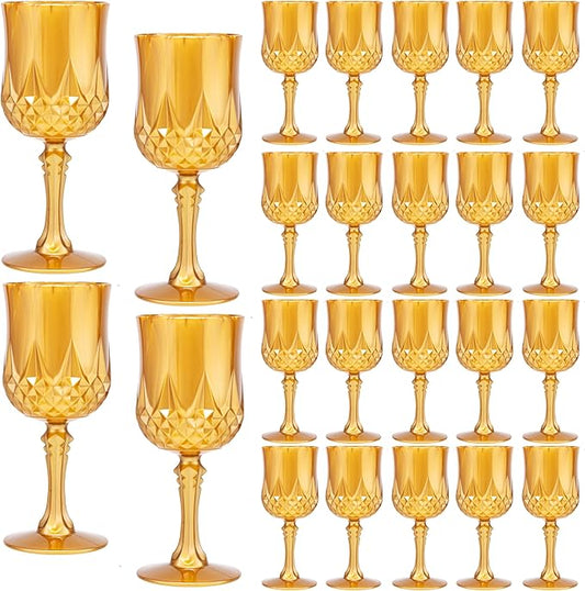 JLYLOL Plastic Vintage Wine Glasses 7OZ Plastic Goblets Vintage Drinking Glasses 24PCS Retro Wedding Glassware Water Goblets Reusable Drinking Cups for Party,Reception,Celebration,Bar,Whiskey(Amber)