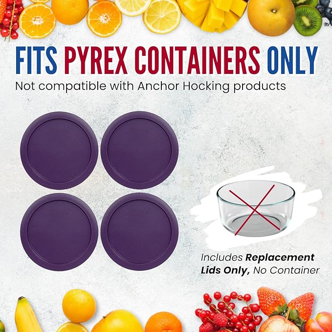 Replacement Lids for Pyrex 4-Cup Glass Food Storage Container Bowls, 6-Inch Plastic Round Lids Covers fits Pyrex 7201-PC, Airtight & Leakproof (4-Pack, Purple)