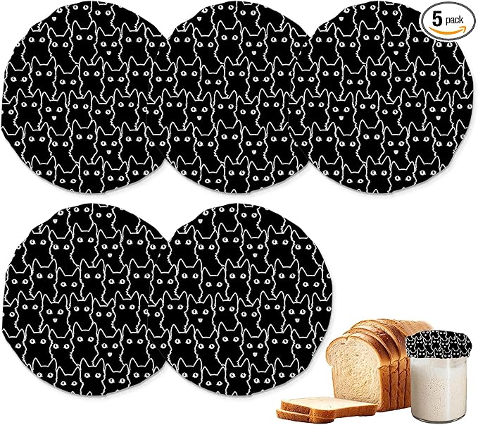 Black Cat Cats Sourdough Starter Jar Covers Reusable,Breathable Fabric Lids for Mason Jars,Wide Mouth and Regular Mouth(5 Pack)