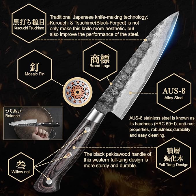 Black Forged Japanese Knives with High Carbon Stainless Steel and Full Tang Pakkawood Handle, Kitchen Knife with Premium Box (5 Inch Paring Knife)