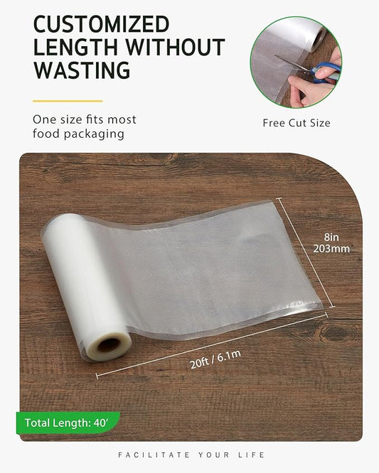 Syntus Vacuum Sealer Bags for food, 2 Pack 8" x 20' Commercial Grade Bag Rolls, Food Vac Bags for Storage, Meal Prep or Sous Vide
