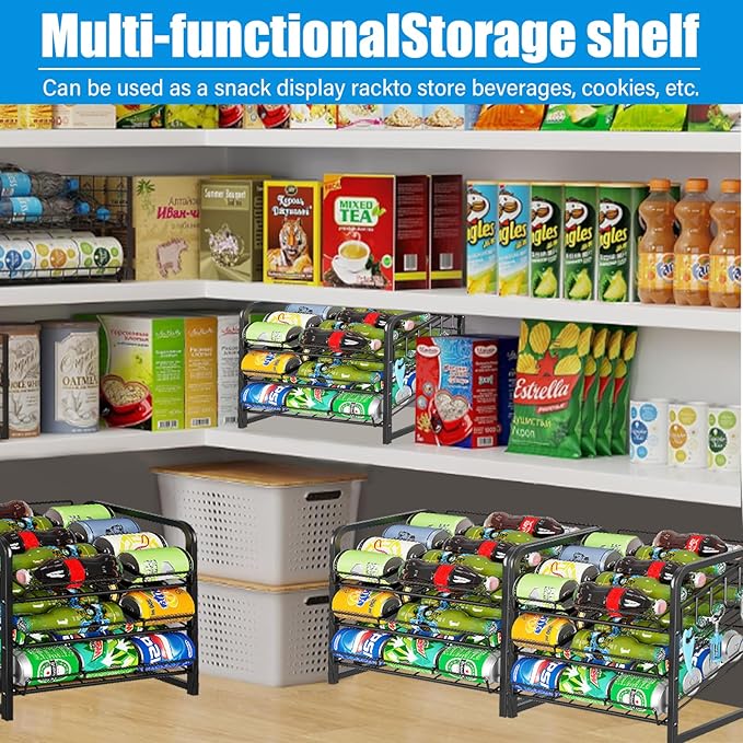 6-Tier Stackable Can Rack Organizer for Pantry, Adjustable Can Dispenser Holds Up to 60 Cans, with 12 hooks, Can Storage Holder for Various Ounces of Canned Food Soda Drinks, Black, 2 Pack