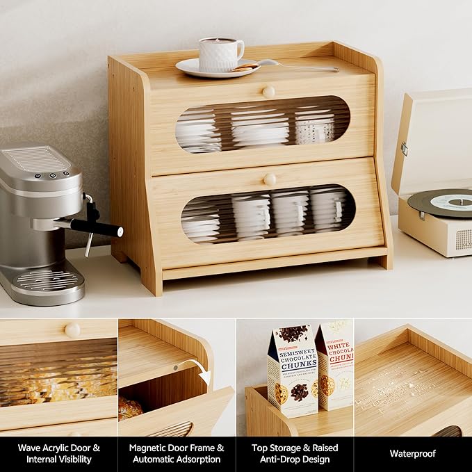 Bread Box for Kitchen Countertop,Double Layer Large Capacity Bamboo Bread Storage Container with Acrylic Wavy Door Panel for Kitchen Counter,Cabinet,Pantry(Natural Bamboo)
