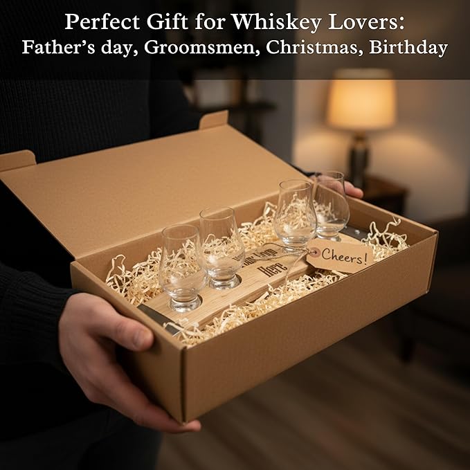Personalized Premium 4 Glass Whiskey Flight/Engraved Center/Personalized Gift/Crystal Glass Option/Natural Oak Color (Your Logo/Design)