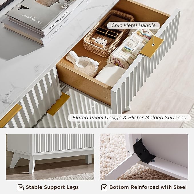 T4TREAM Fluted 7 Drawers Dresser, 54" Wide Modern Chest of Drawers with Faux Marble Top, Curved Profile Design, Dresser TV Stand, Wood Drawer Organizer for Bedroom, Living Room, Hallway, Solid White