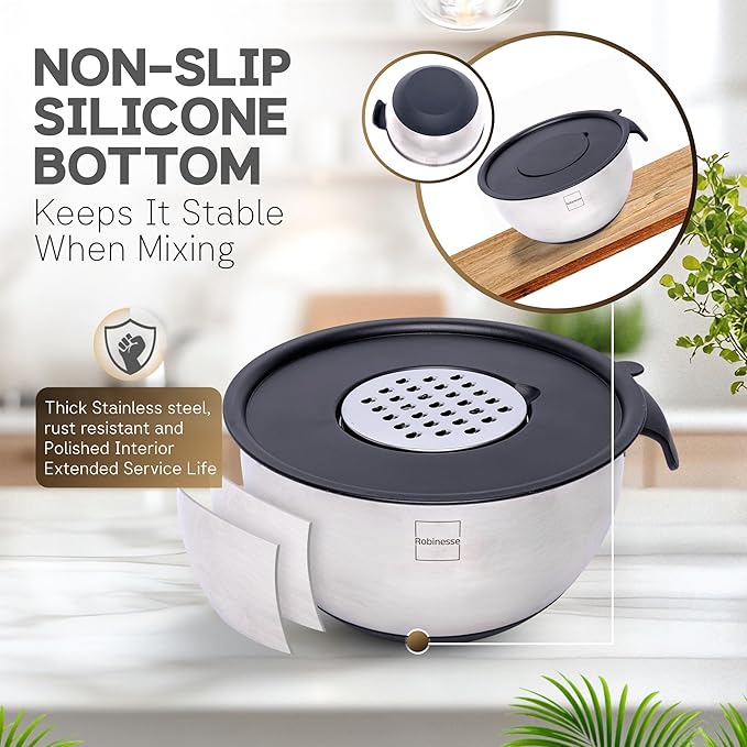 Stainless Steel Mixing Bowls Set of 3, Large Nesting Bowls with Airtight Lids for Food Prep, Cooking, Baking, Salad, and Outdoor Dining (Black, 3 Pcs)