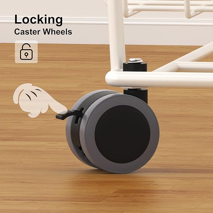 PUSDON Stackable Metal Storage Carts, Dual Use Shelf for Kitchen Fruit Vegetable Baskets with Wheels, Storage Rack for Living Room, Home & Office, Plus White 4 Tiers