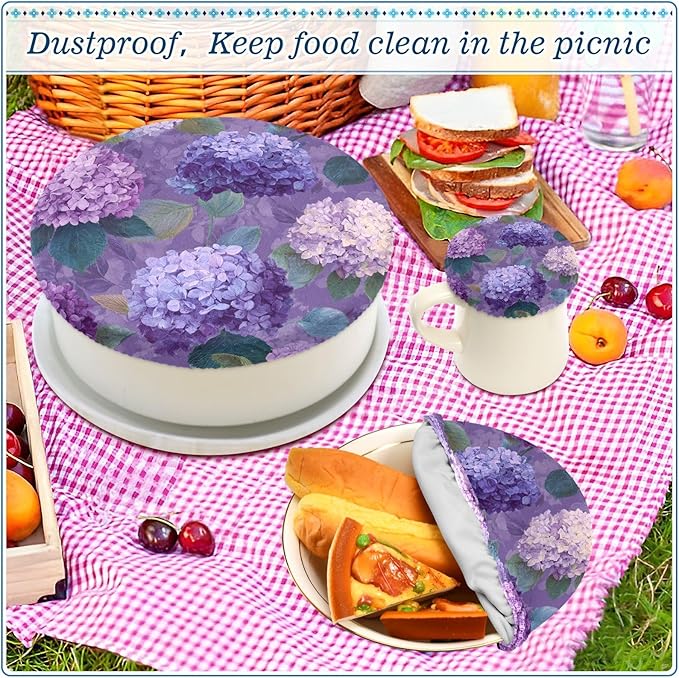 5 Pcs Bowl Covers Reusable in 5 Size Elastic Food Cover Cloth Lids Fresh Keeping Dish Cookware Bakeware Fabric Covers Lids for Food Leftovers Fruits Storage Purple Cute Hydrangeas