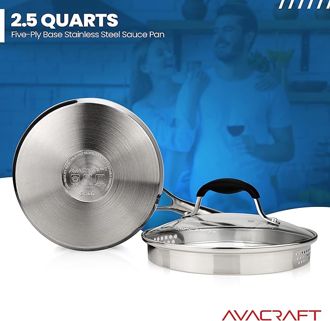 AVACRAFT Stainless Steel Saucepan with Glass Strainer Lid, Two Side Spouts for Easy Pour with Ergonomic Handle, Multipurpose Sauce Pot (5-Ply Capsule Bottom, 2.5 Quart)