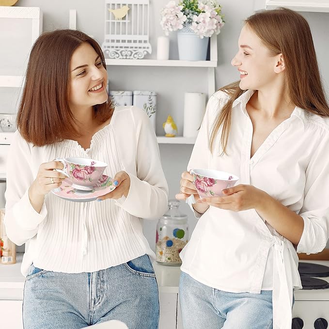 London Boutique Tea Cup and Saucer Set 2 Afternoon Tea Set New Bone China Vintage Flora Gift Box 200m (Pink)
