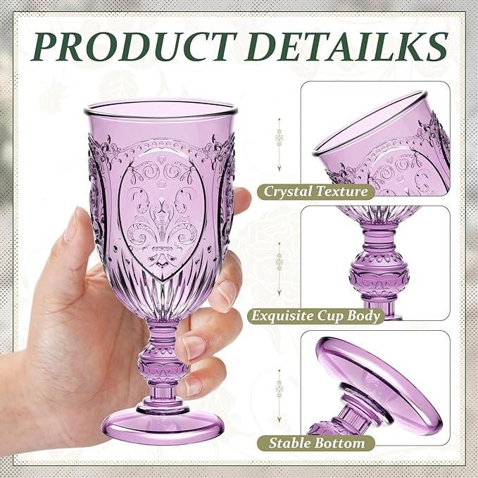 6 Pcs Plastic Goblets 7.5oz Vintage Goblet Plastic Wine Glasses Colored Retro Embossed Water Goblets for Wine Bar Juice Baby Shower Wedding Reception Grand Event Party (Purple)