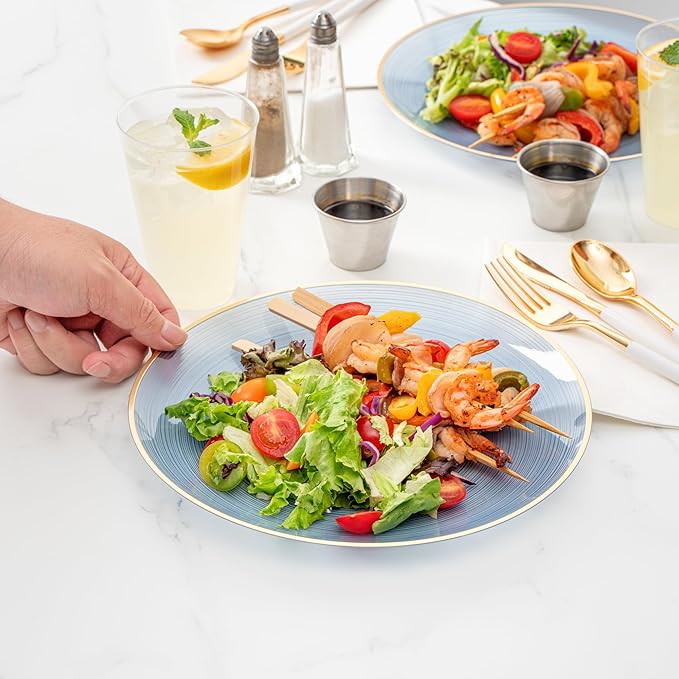 Restaurantware Plastic Plates 100 Pcs 10" Gold Rimmed Disposable Plates Heavy-Duty Blue Translucent Rippled Plastic Dinner Servers for Party, Weddings, Salads, Desserts, and Appetizers