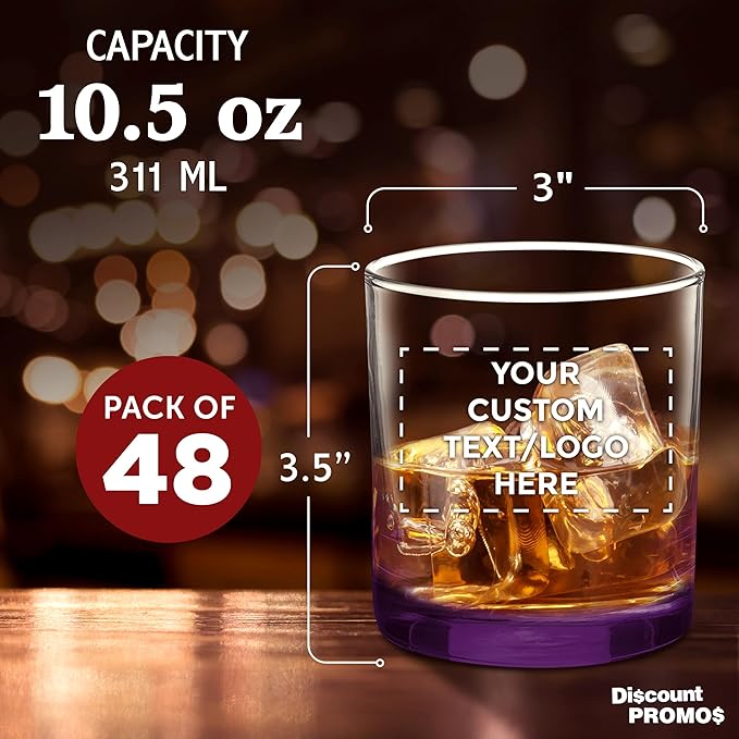 Custom Lexington Rocks Whiskey Glass 10.5 oz, Set of 48, Personalized Bulk Pack - Perfect for Scotch, Bourbon, Whiskey, Cocktail - Purple