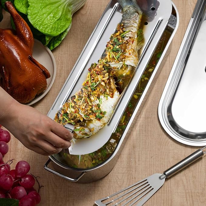 Maxdot 2 Pcs Stainless Steel Endurance Collection Fish Poaching Set, 20 Inch Removable Fish Poacher Rack with Stainless Steel Kitchen Spatula for Cooking, Flipping, Turning, Frying and Grilling