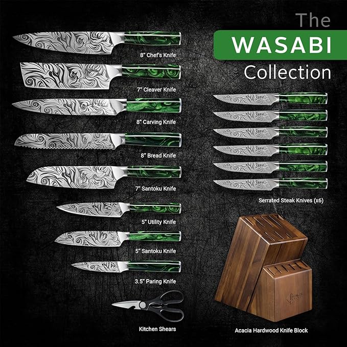 SENKEN Engraved Japanese Kitchen Knife Set with Beautiful Green Resin Wood Handles - Wasabi Collection - Chef's Knife, Bread, Cleaver, Paring, & More (16-Piece Knife Block Set)
