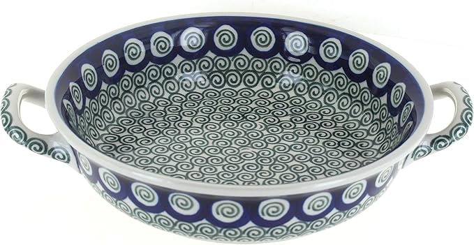 Blue Rose Polish Pottery - Green Peacock Swirl Small Round Casserole with Handles - 8.25" Diameter - Unique, Dishwasher Safe, & Durable Bakeware