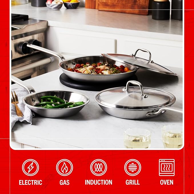 Heritage Steel Eater Series 5 Piece Fry Pan Set | Made in USA | 5-Ply Fully Clad Stainless Steel Pan | Stay Cool Handle Design | Induction Ready & Non-Toxic Pan