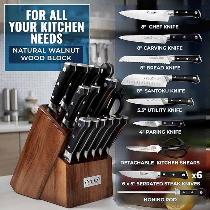 Cutluxe 15-Piece Knife Set – Premium Walnut Wood Block – Knife Set for Kitchen, Ultra Sharp High Carbon German Stainless Steel, Full Tang – Artisan Series