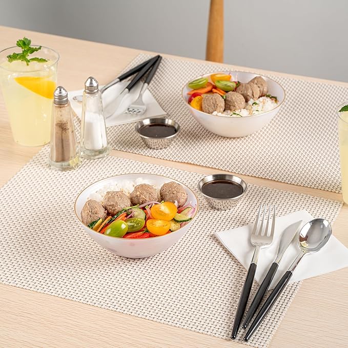 Restaurantware Plastic Bowls 20 Pcs 16 oz Gold Rimmed Disposable Soup Bowls Heavy-Duty White Translucent Rippled Dinnerware Containers for Party, Desserts, Salads, Snacks, and Catering