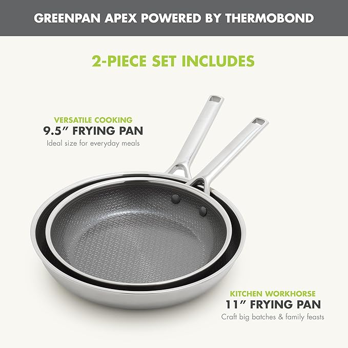 GreenPan Hybrid 9.5” & 11” Nonstick Stainless Steel Frying Pan Set, APEX Tri-Ply Thermobond PFAS-Free Ceramic Skillets, Induction & All Cooktop Compatible, Oven Temp to 850°F, Dishwasher Safe, Silver
