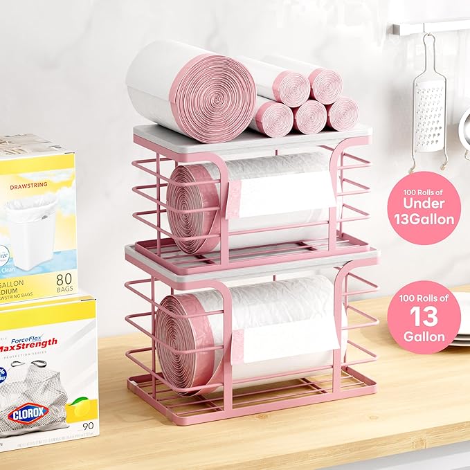 2 Pack Trash Bag Holder with Bamboo Top,Stackable Storage Bathroom Organizer Kitchen Laundry Pantry Organizers for Countertop Organization,Pink