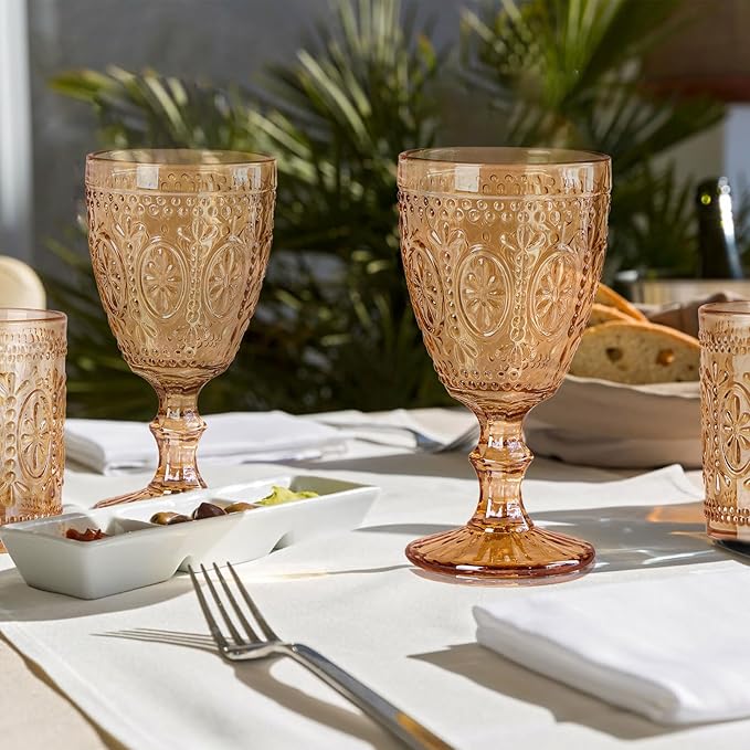 Amber Wine Glasses set of 4, Amber Goblets, Vintage Drinking Glassware, Colored Glassware Set for Party, Home & Wedding