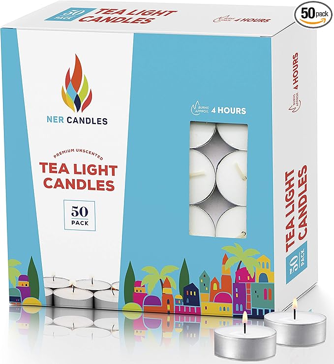 Unscented Tea Lights Candles White, Smokeless, Dripless & Long Lasting Paraffin Small Votive Mini Tealight Candle for Home, Pool, Shabbat, Weddings & Emergencies (50-Pack)