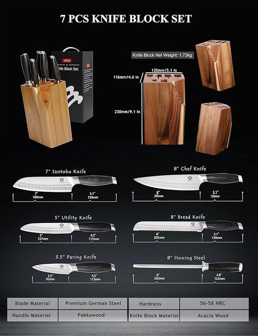 WILDMOK Knife Set, 7 Piece Kitchen Knife Set with Block Wooden, German Stainless Steel Sharp Chef Knife Set with Sharpener
