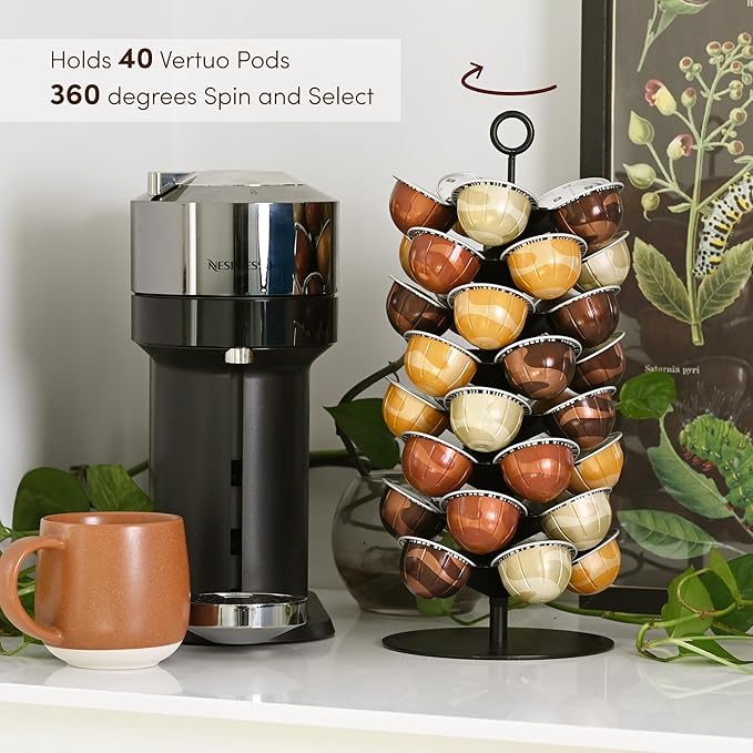 Coffee Pod Carousel for Nespresso Vertuo Capsules, Holds 40 Pods, 360° Rotating Stand, Metal (Black)