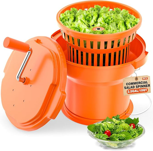 PYY Commercial Salad Spinner - 2.5 Gallon Salad Dryer w/Silicone Anti-slip Mat & Draining Hose, 10Qt Manual Salad Spinner for 3 Heads of Lettuce Spinner Large for Catering